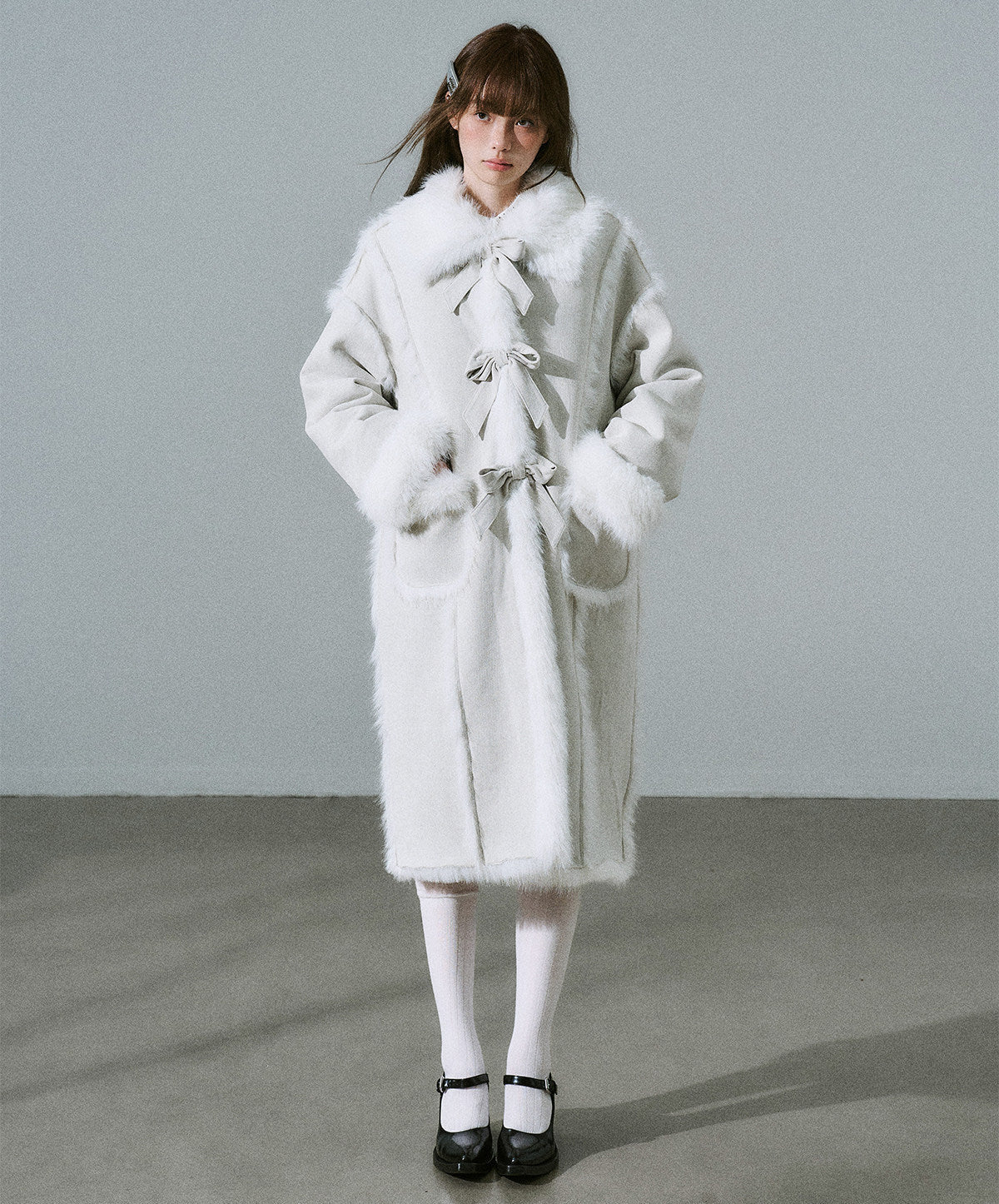 Bow Detail Fake Fur Trimmed Coat