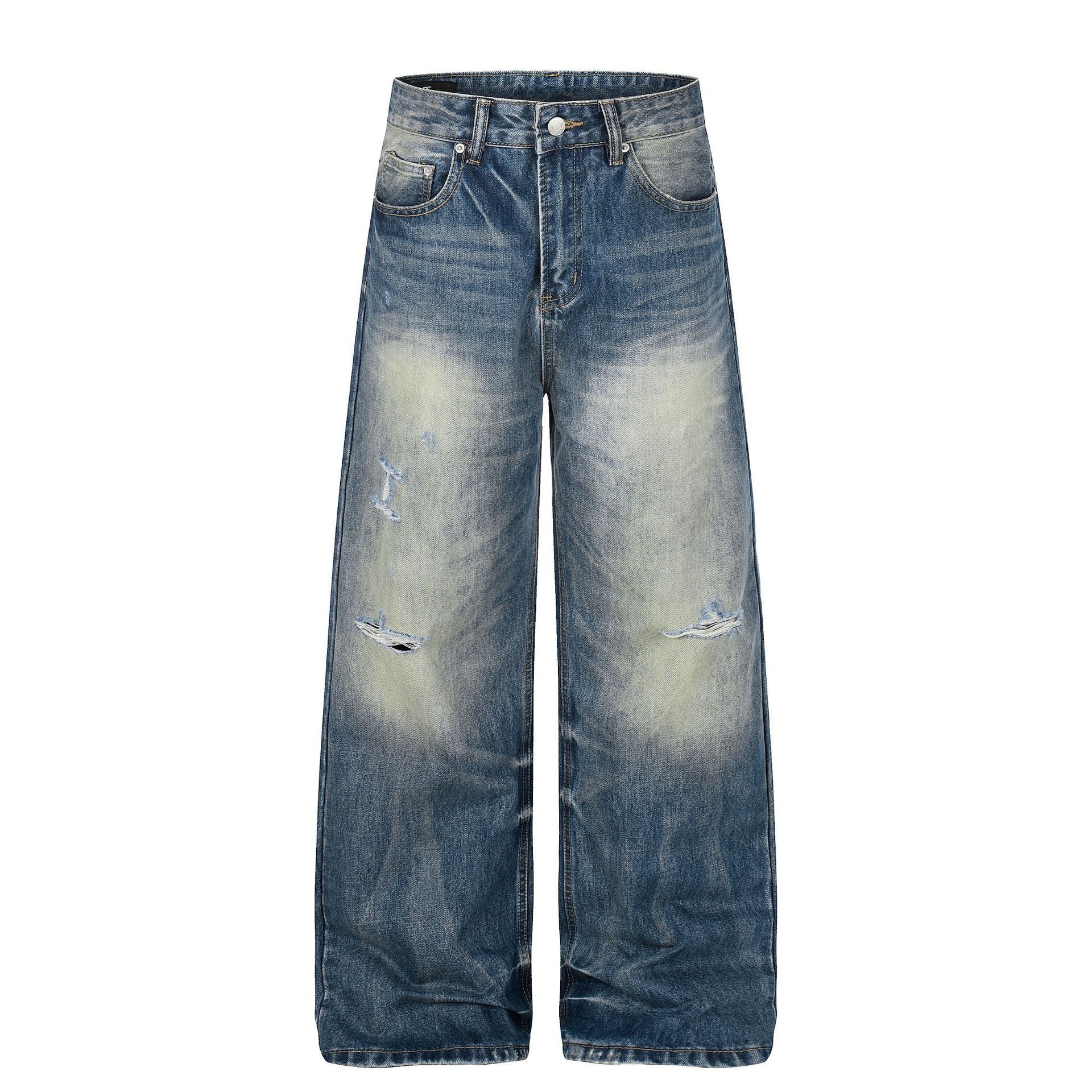 Washed Whisker Damage Wide Leg Denim Jeans