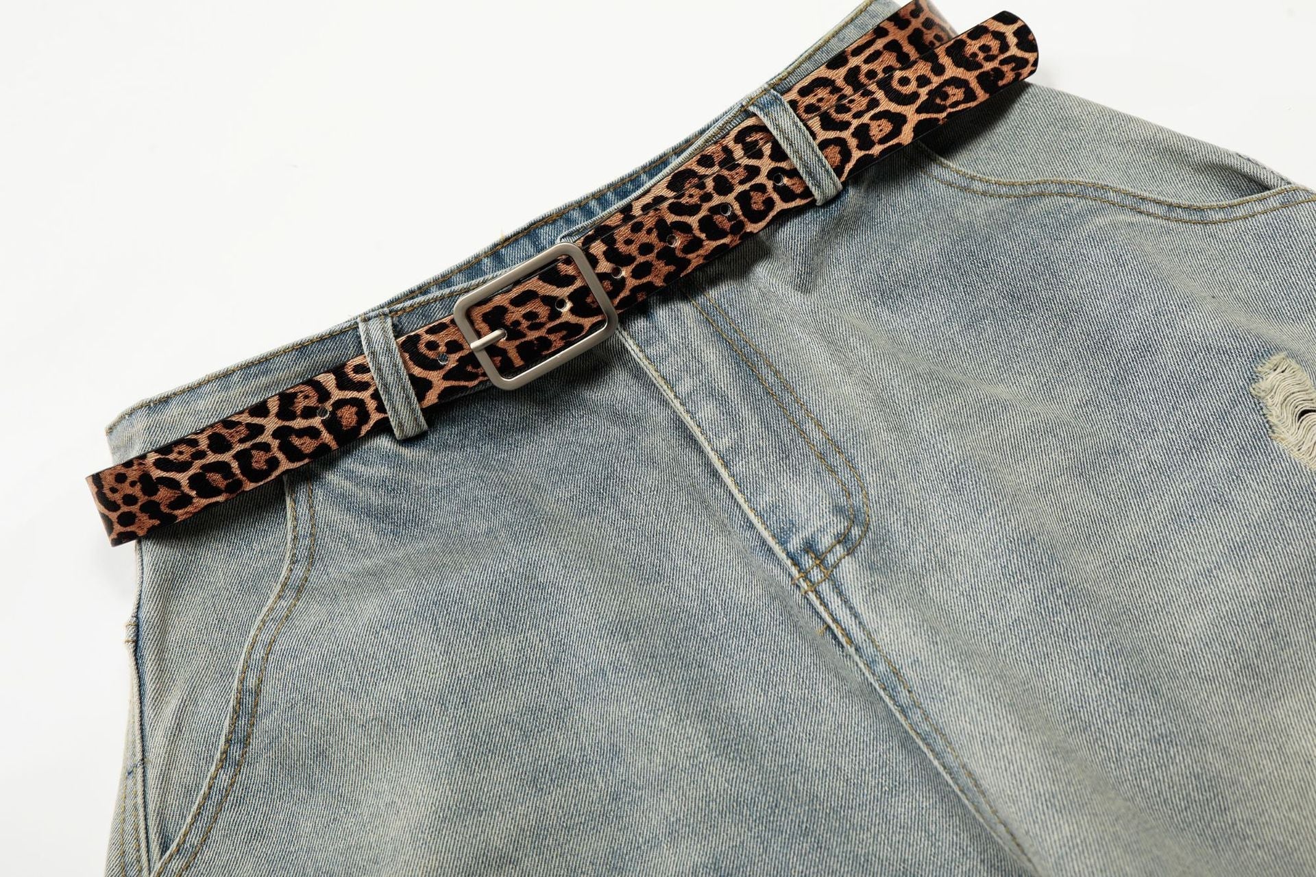 Washed Damage Panel Curved Denim Jeans