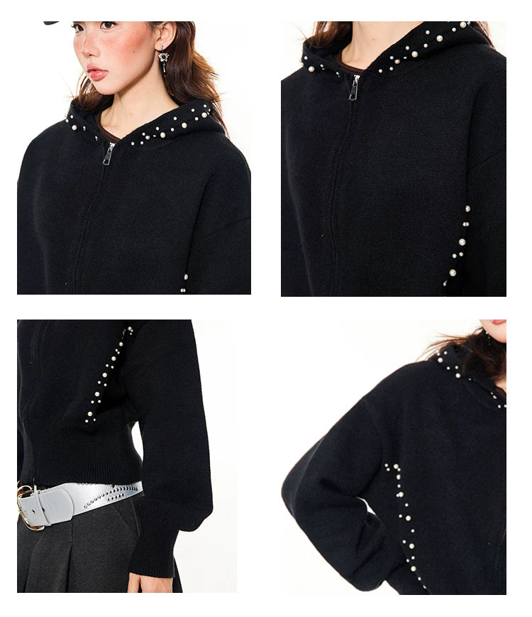 Pearl Embroidery Cropped Zipper Hoodie