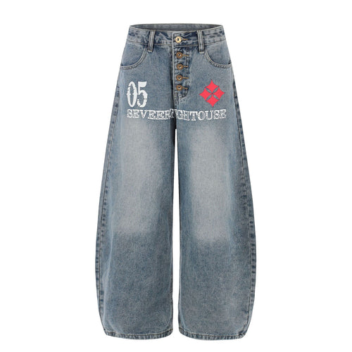 Button Fly Curved Wide Leg Denim Jeans - Blue / S
