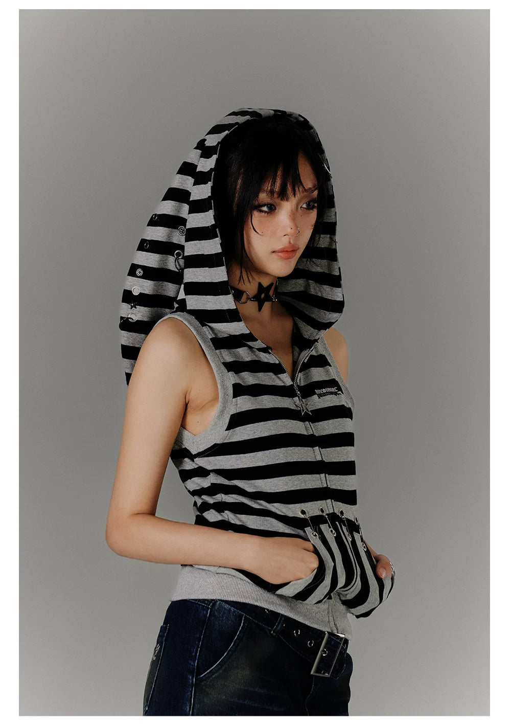 Stripe Zipper Hooded Sleeveless T-Shirt