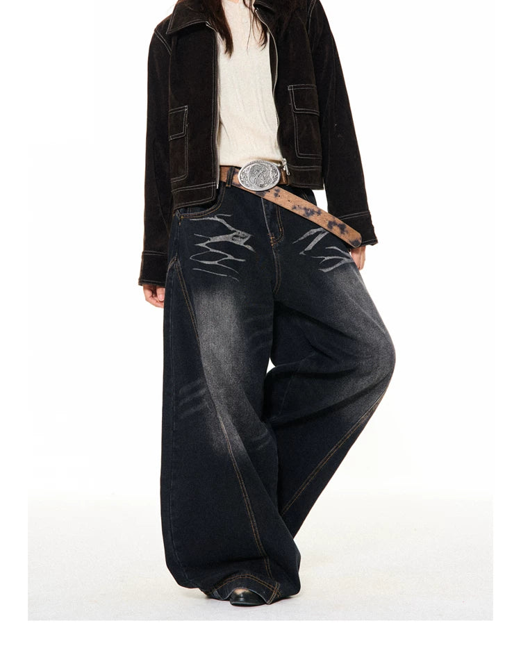 Washed Scratch Detail Wide Leg Denim Jeans