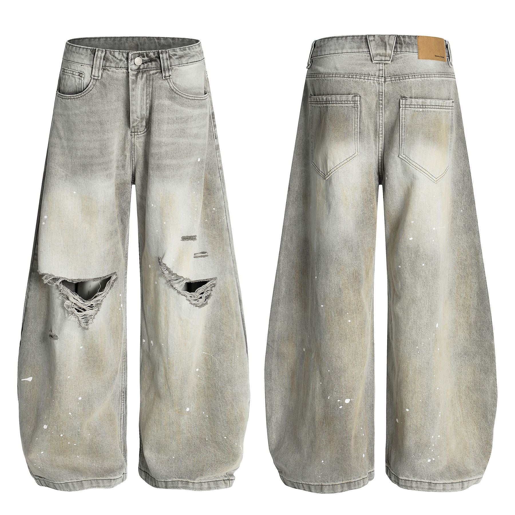 Ink Splash Damage Curved Wide Leg Denim Jeans