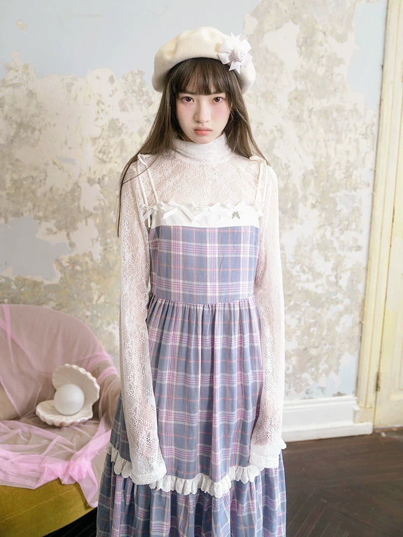 Bow Check Lace Camisole Dress