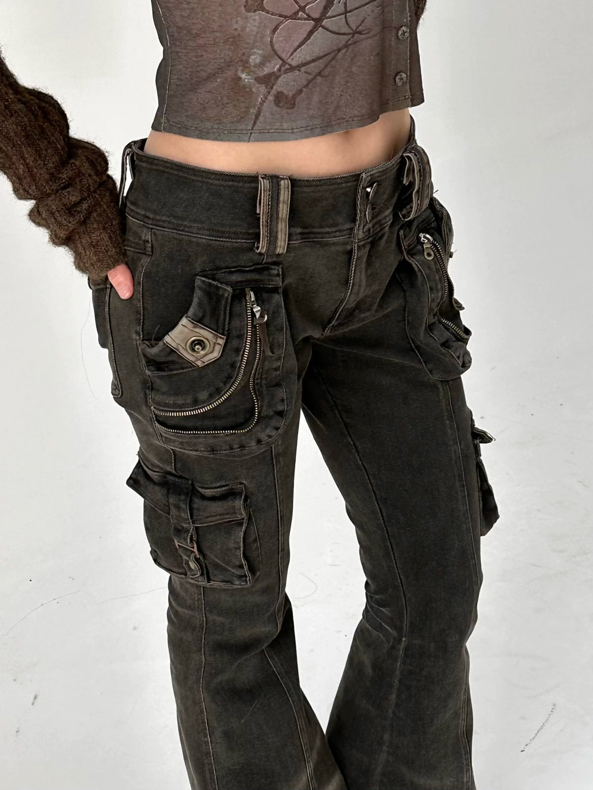 Multi-Pocket Stretch Flare Denim Pants