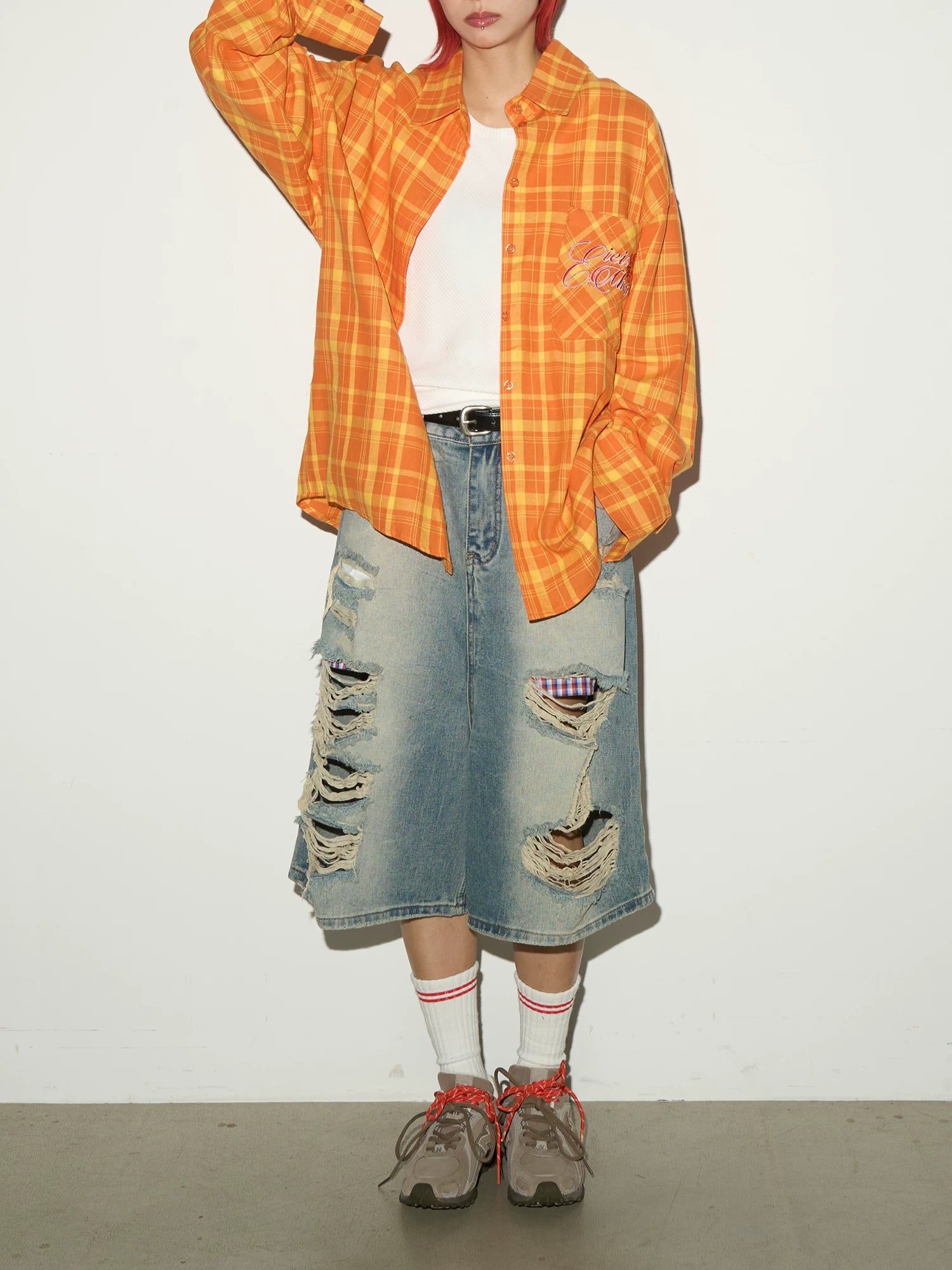 Plaid Embroidery Print Oversize Long Sleeve Shirt