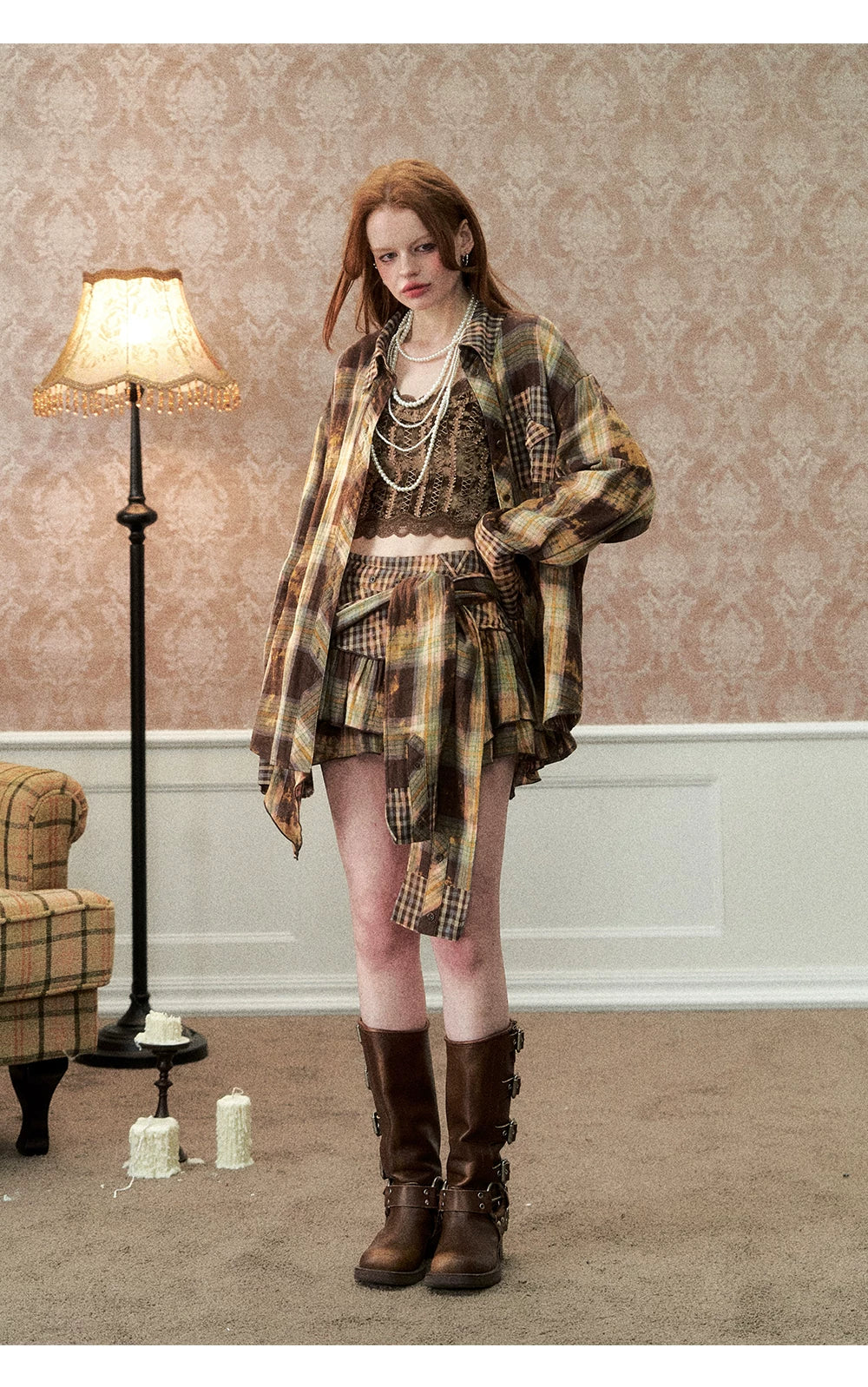 Oversize Plaid Long Sleeve Shirt & Short Skirt & Scarf Setup