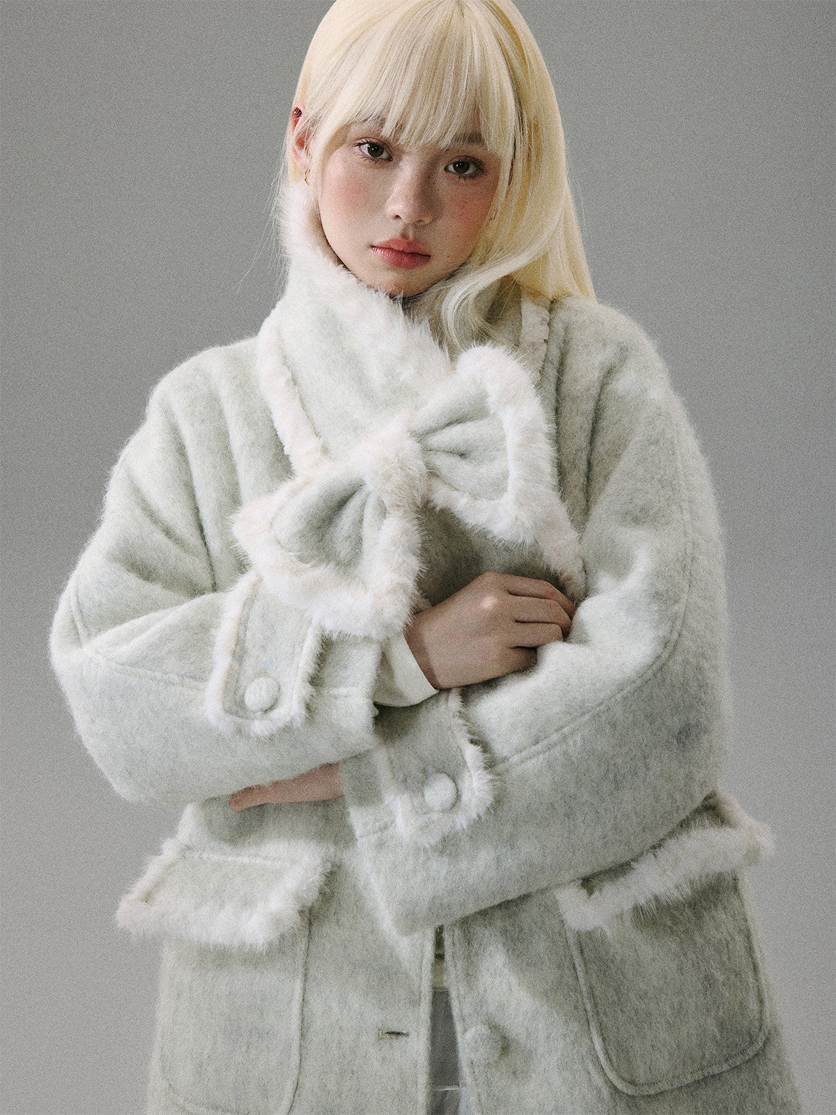 Cherry Blossom Tweed Water Ripple Bow Detachable Scarf Coat