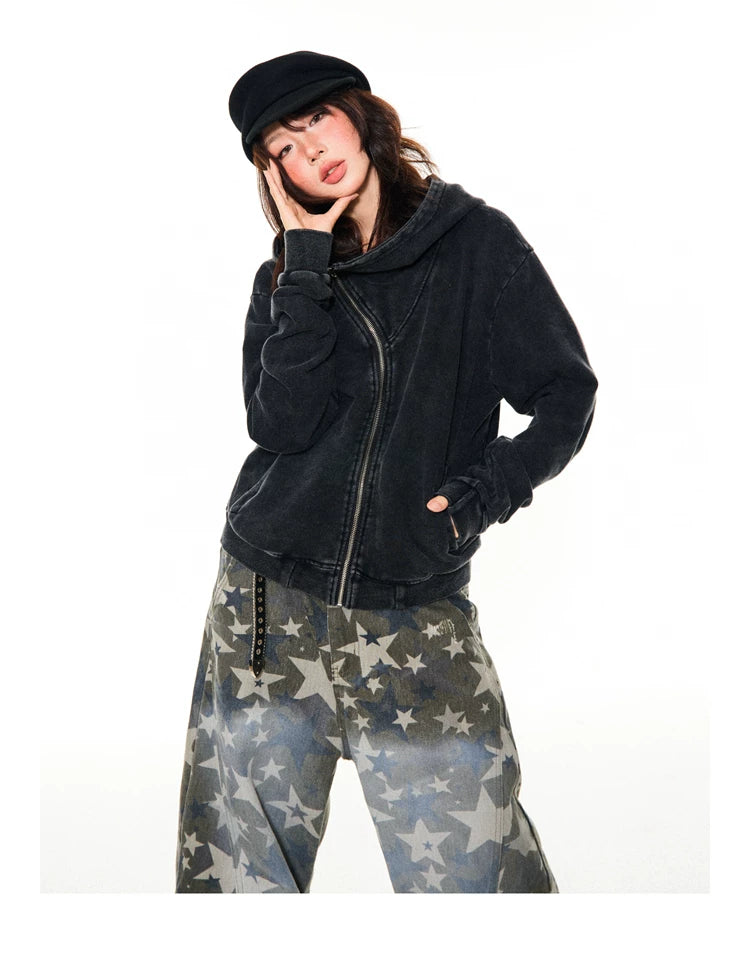 Asymmetrical Zipper Oversize Hooded Jacket