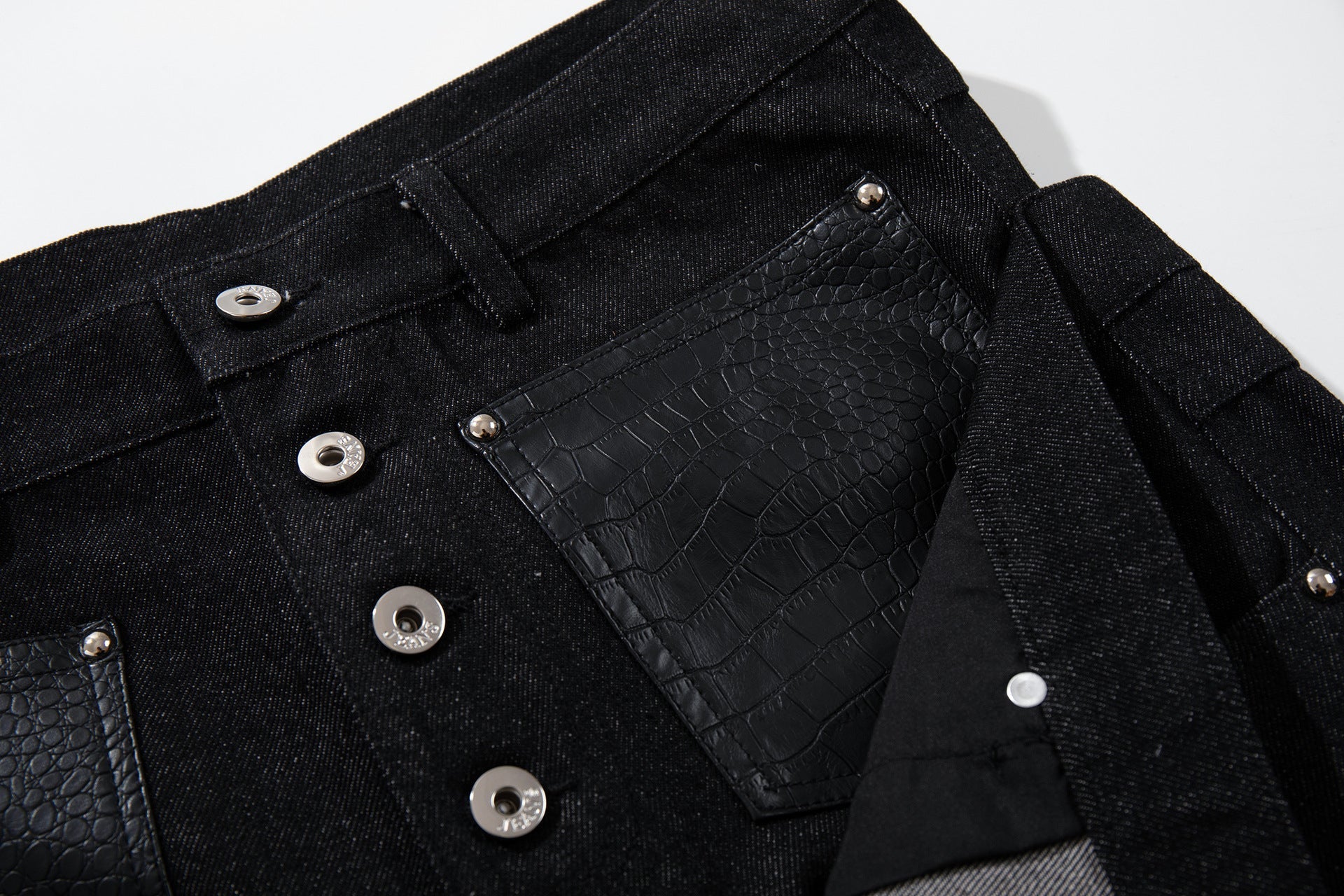 Leather Patchwork Denim Jacket & Leather Patchwork Wide Leg Denim Jeans Setup