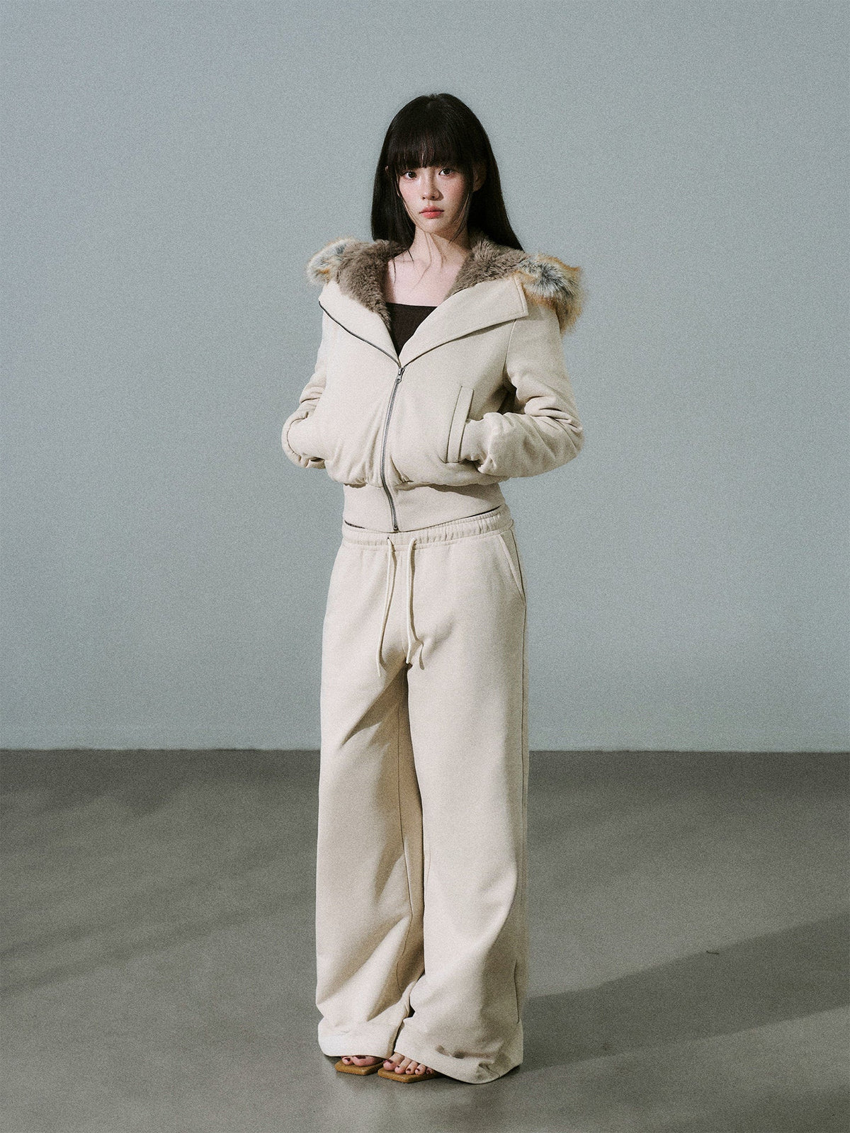 Fake Fur Hooded Zip-Up Jacket & Seatpants Setup