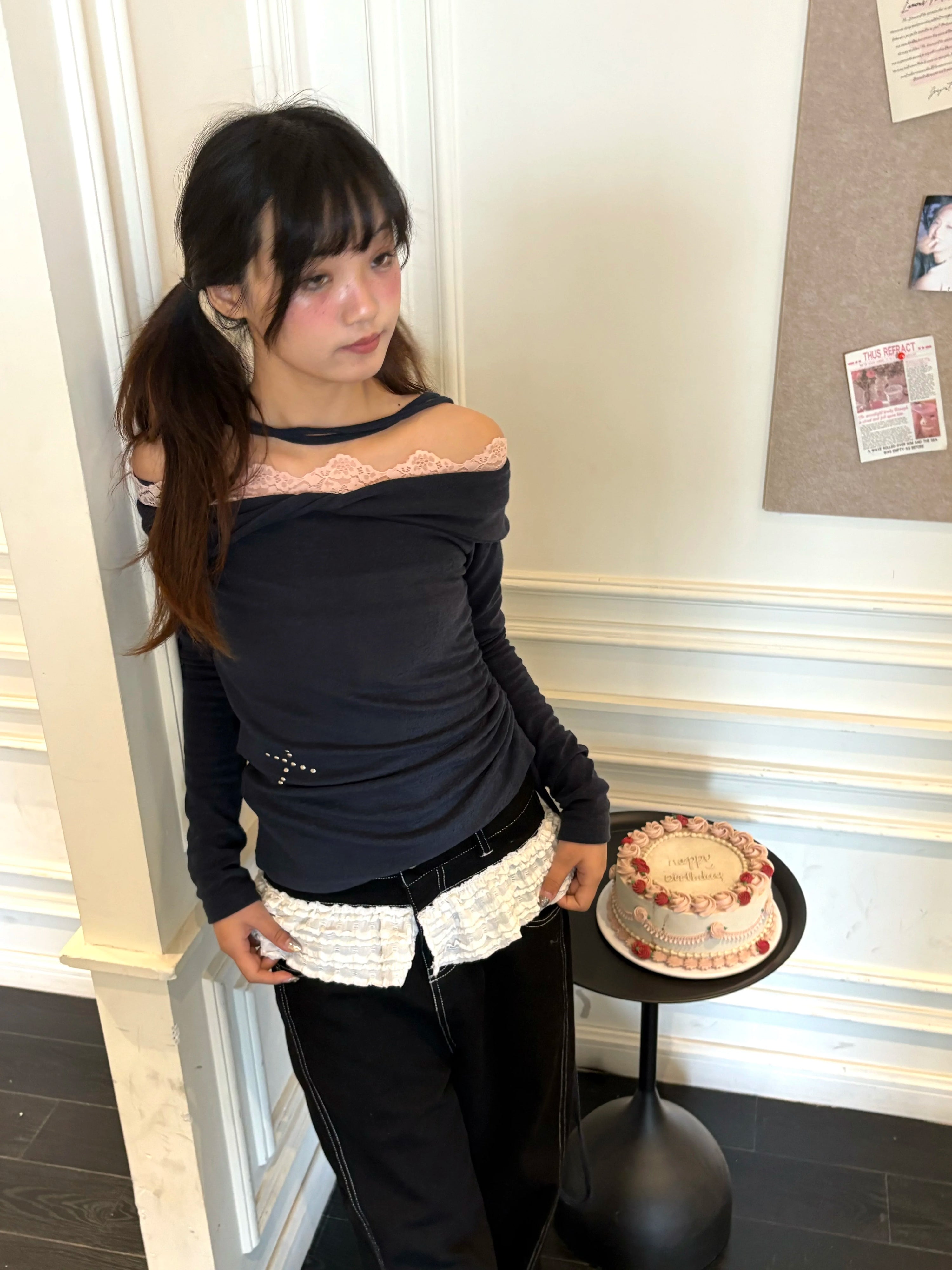 Lace Panel Low Rise Straight Denim Jeans