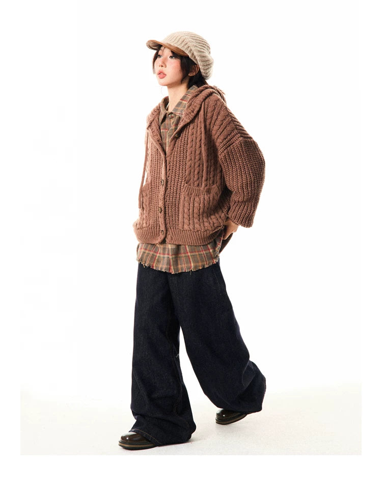 Hooded Button Oversize Cable Knit Cardigan