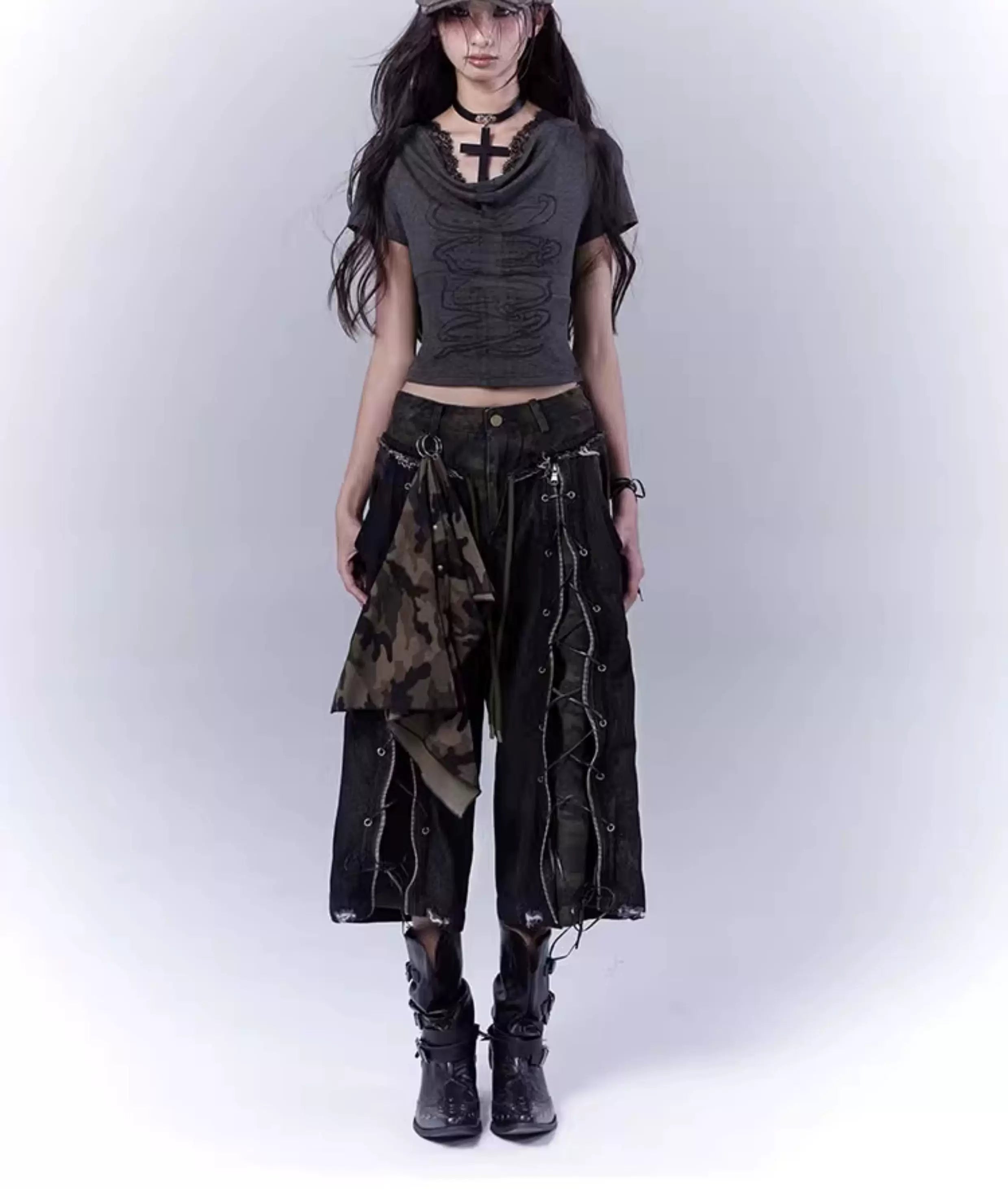 Cutout Cross Print Lace Short Sleeve T-Shirt