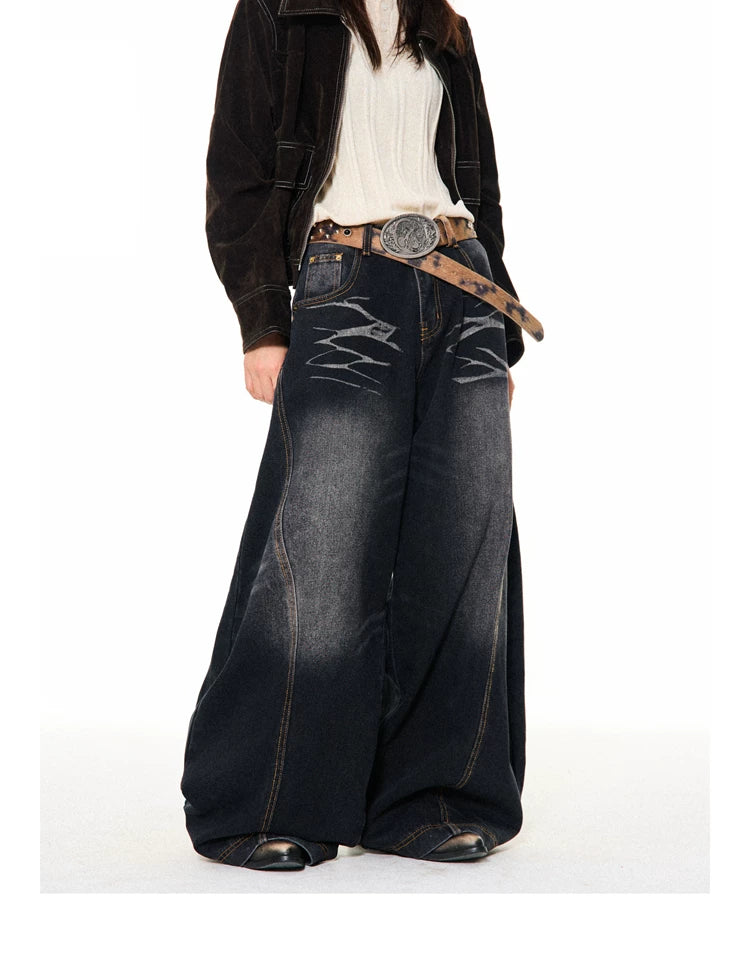 Washed Scratch Detail Wide Leg Denim Jeans