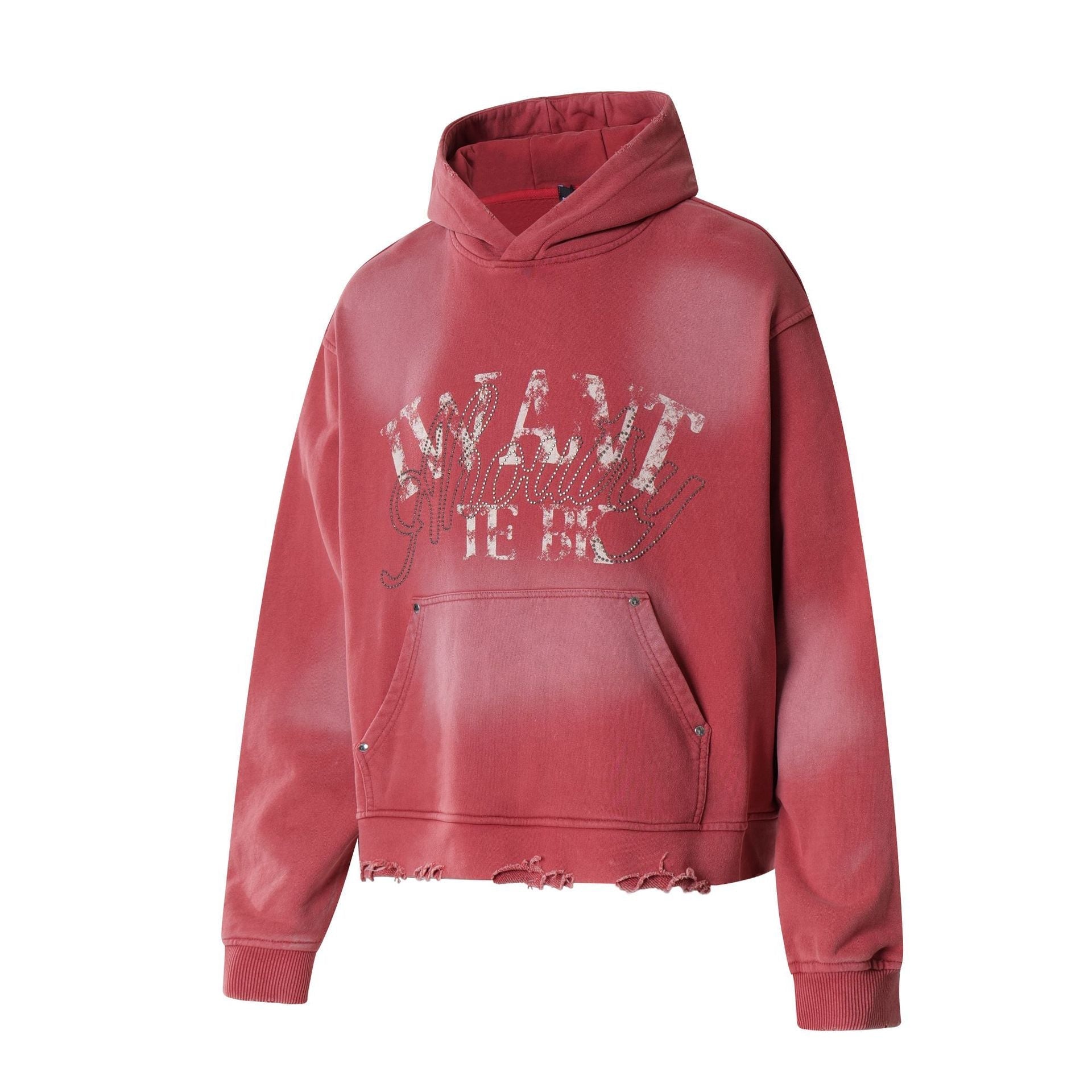 Washed Letter Rhinestone Design Damage Hoodie