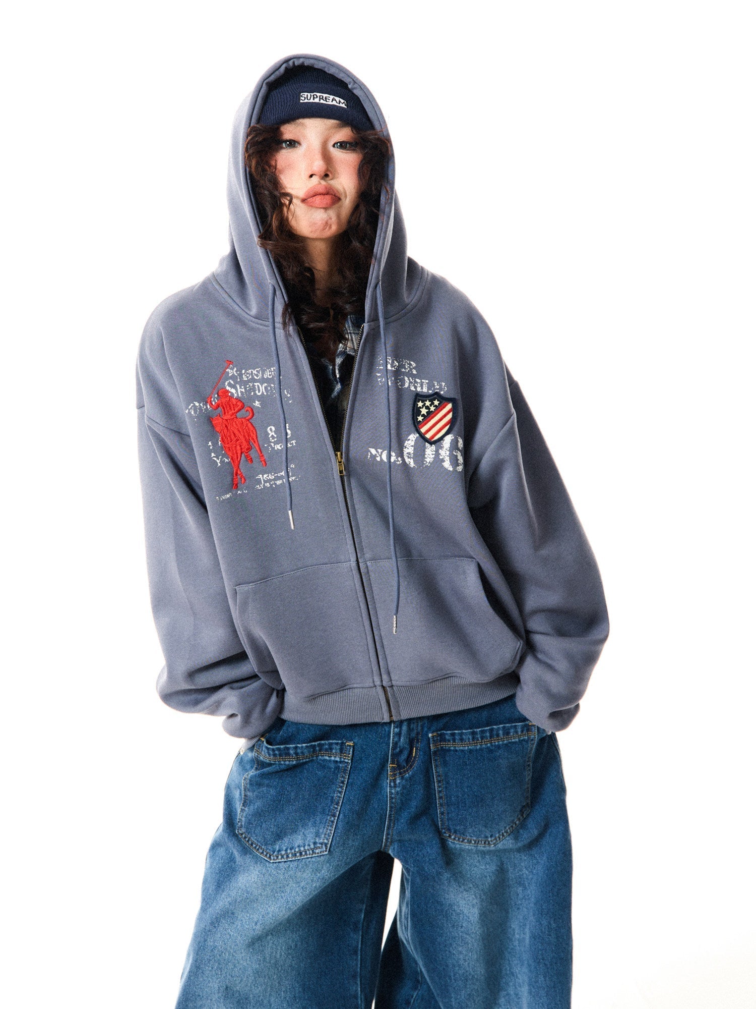 Letter Embroidery Washed Zipper Hoodie