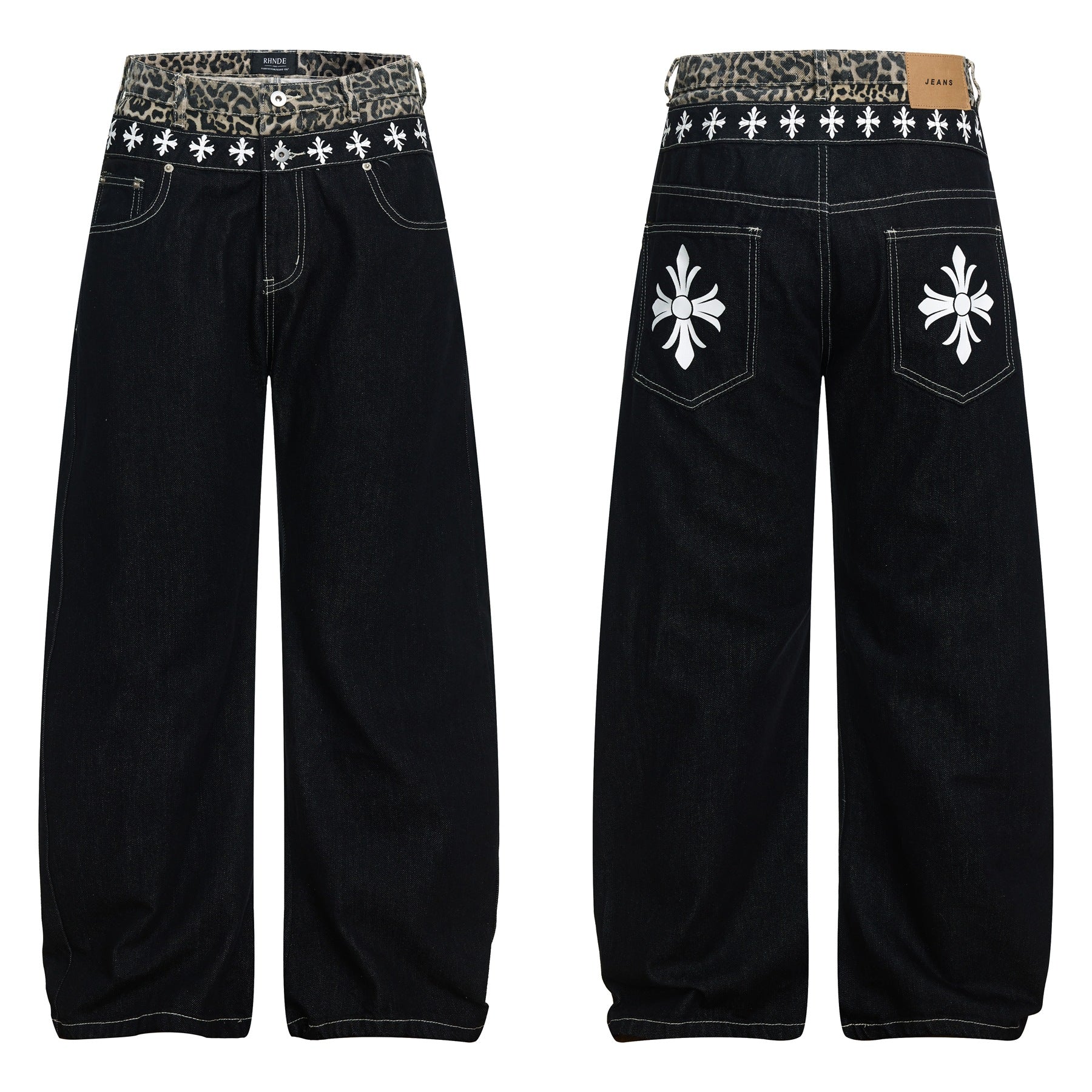 Color Block Embroidery Wide Leg Curved Denim Jeans