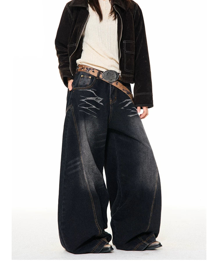 Washed Scratch Detail Wide Leg Denim Jeans