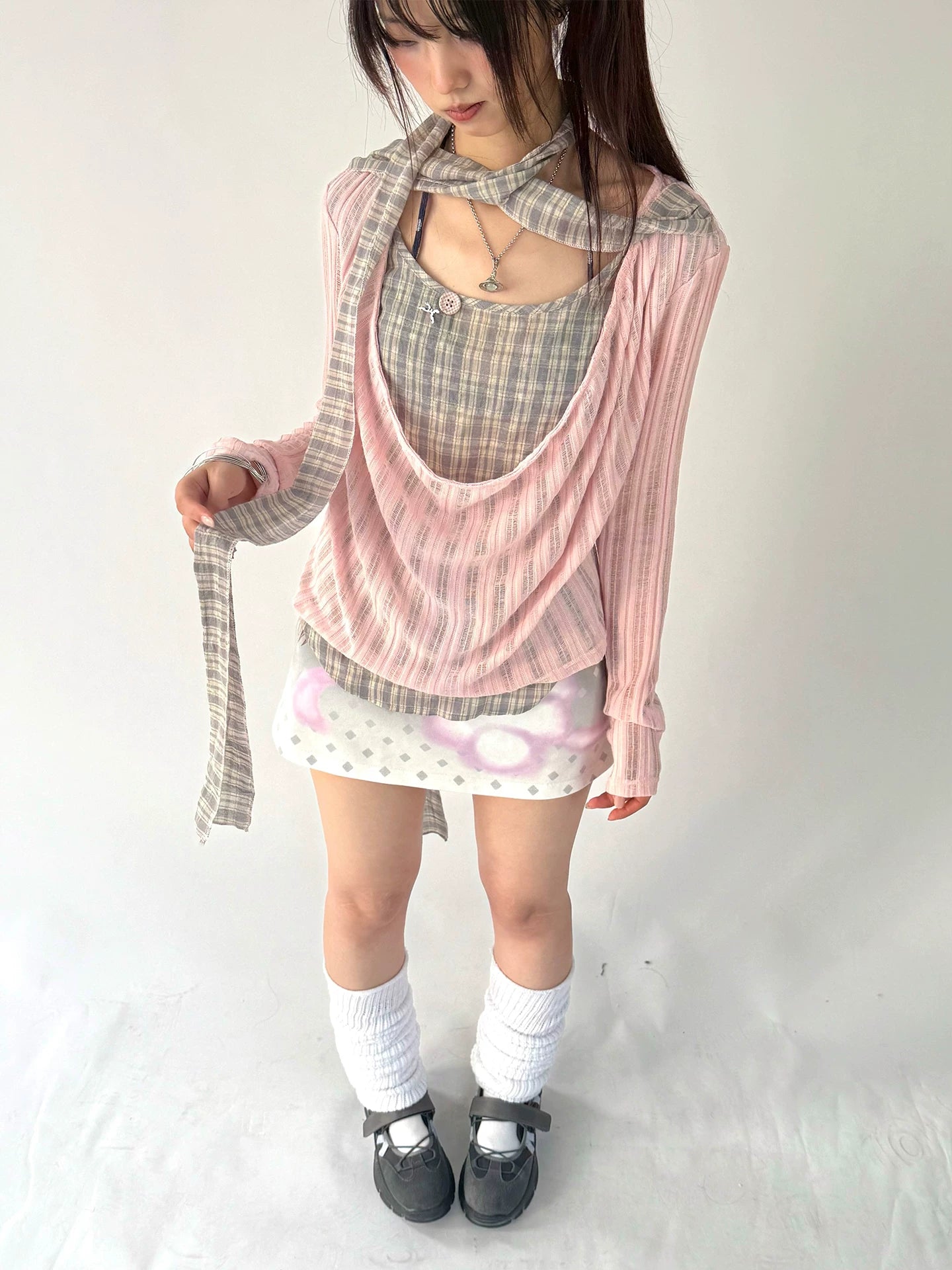 Plaid Ripped Fake Layered Long Sleeve T-Shirt