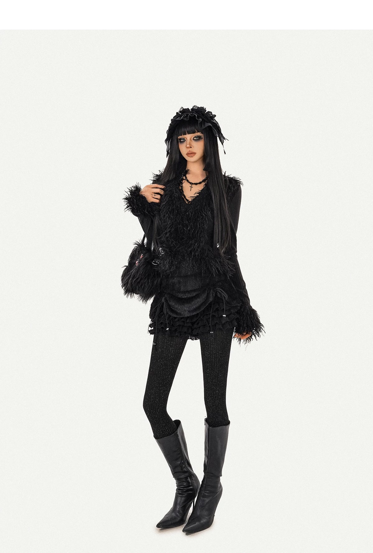 Fur Decor V-Neck Tie Knit Cardigan