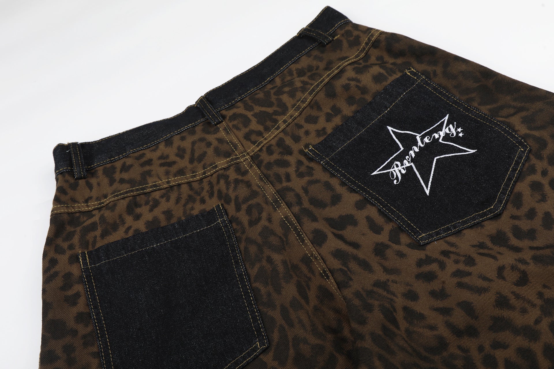 Leopard Print Curved Wide Leg Denim Jeans