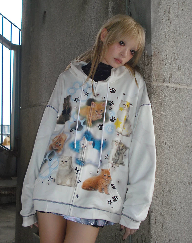 Cat Print Zipper Hoodie