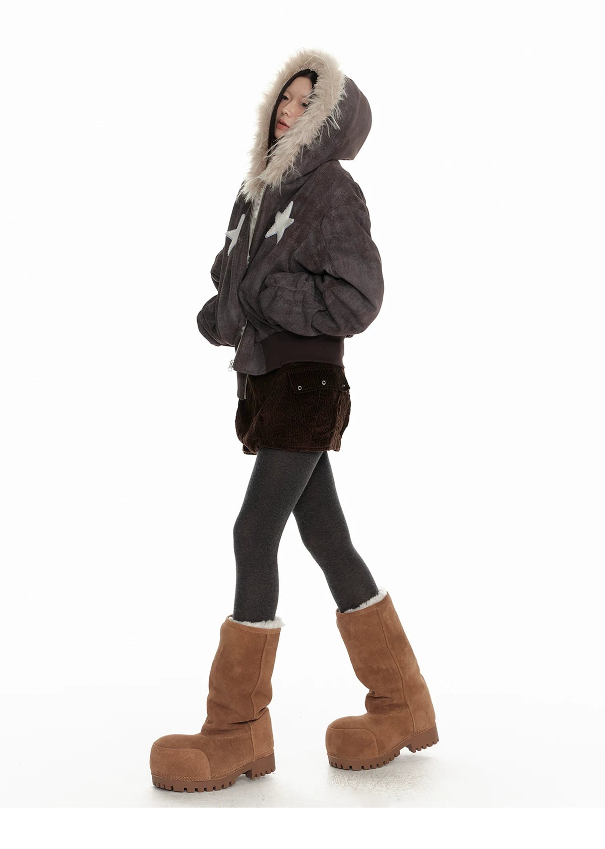 Fur Trim Patchwork Hooded Puffer Jacket