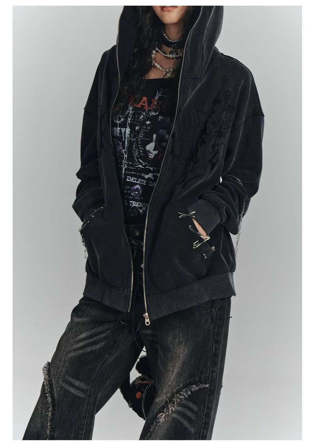 Cat Ear Safety Pin Oversize Zipper Hoodie