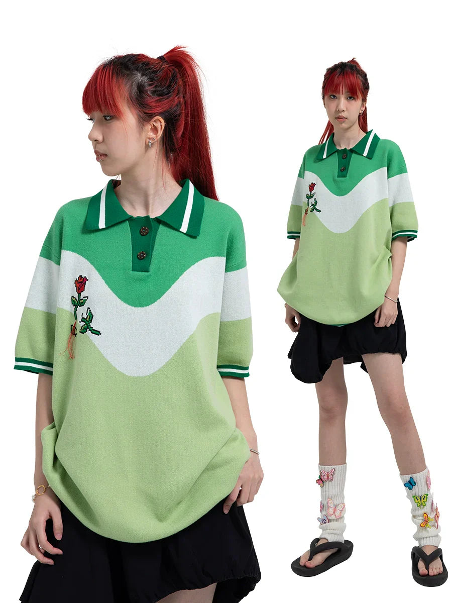 Floral Embroidery Patchwork Oversize Knit Polo Shirt