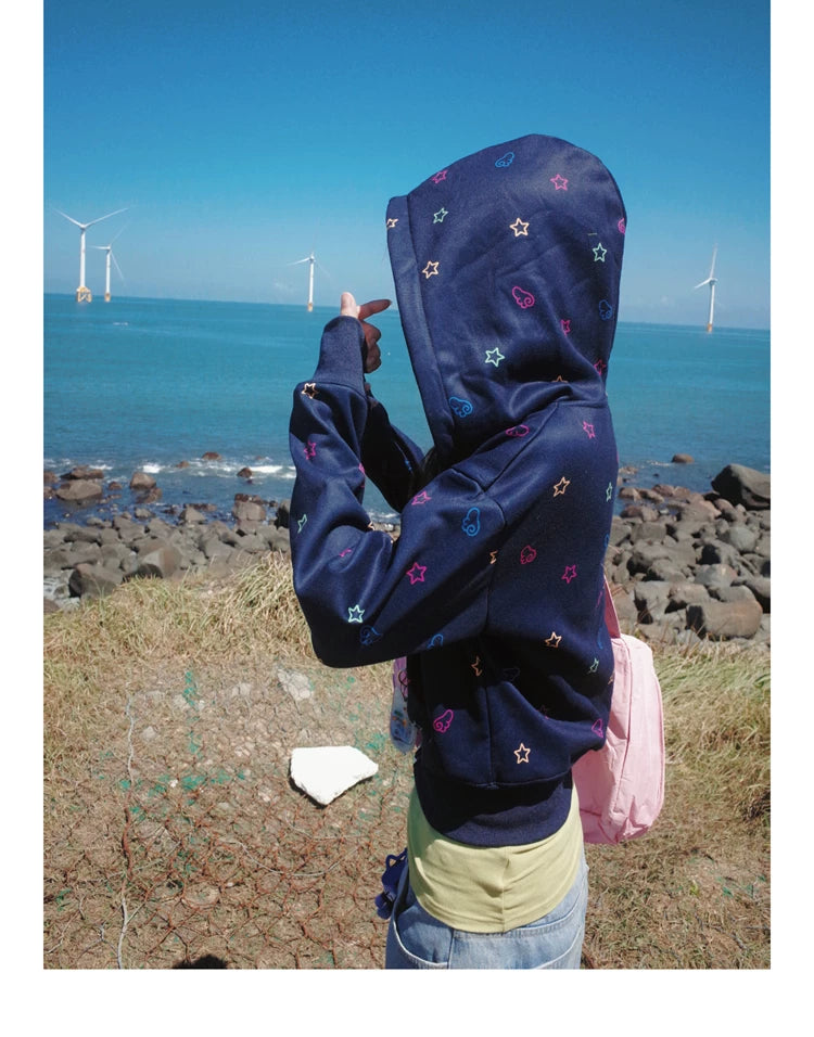 Star Print Fleece Zipper Hoodie