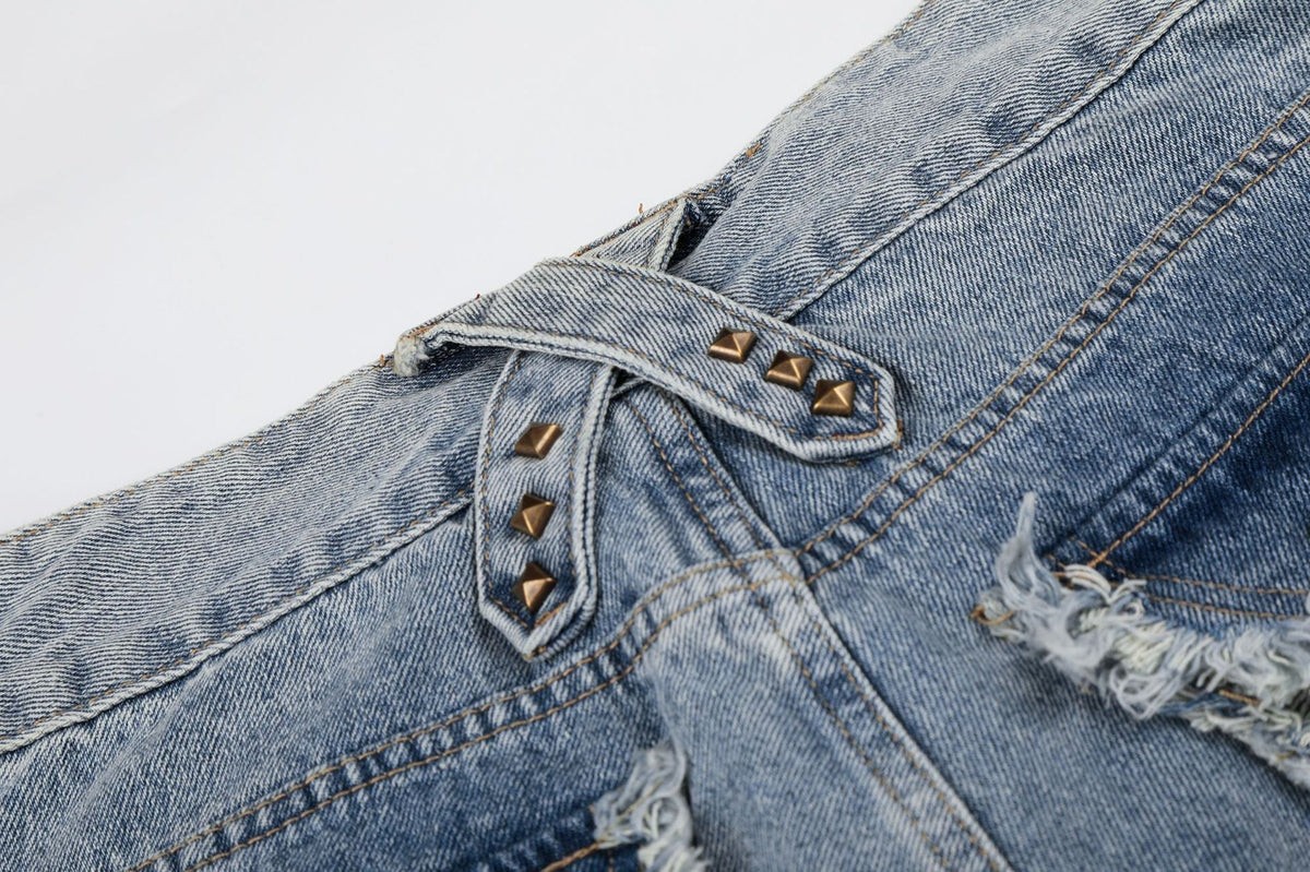 Fringe Studs Wide Leg Denim Jeans
