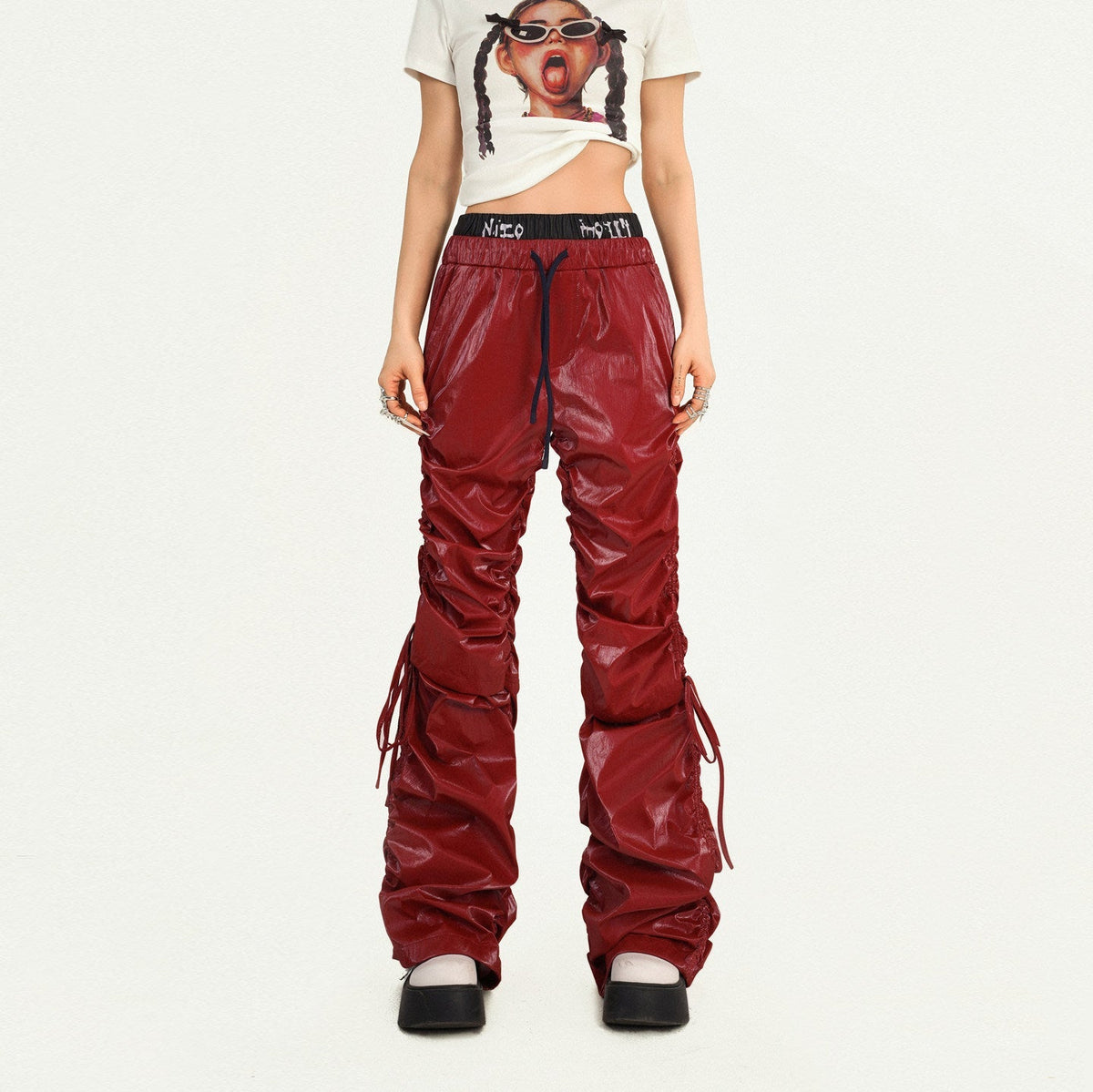 Tie Cord Pleats Double Waist Pants