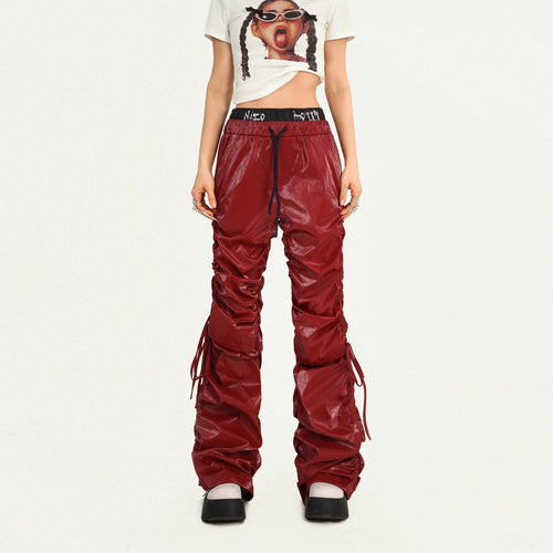 Tie Cord Pleats Double Waist Pants - Red / S
