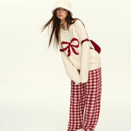 Soft Bow Plaid Pants Pajama Set