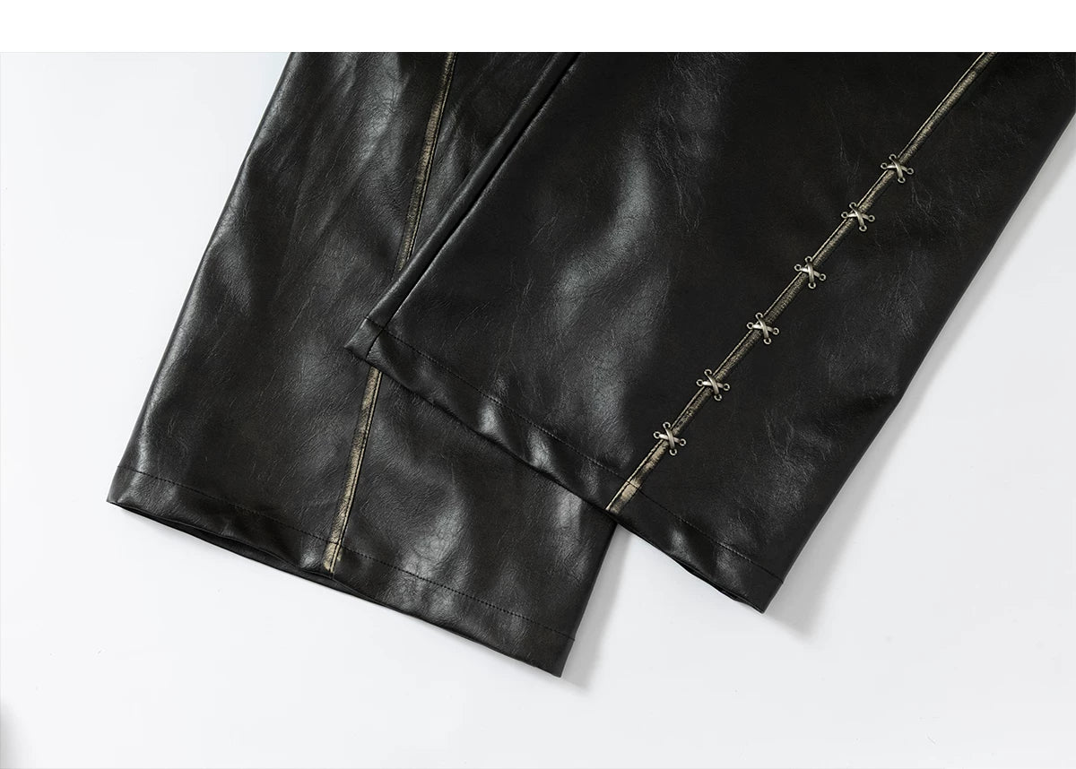 Lace Panel Buckle Detail Wide Leg PU Leather Pants