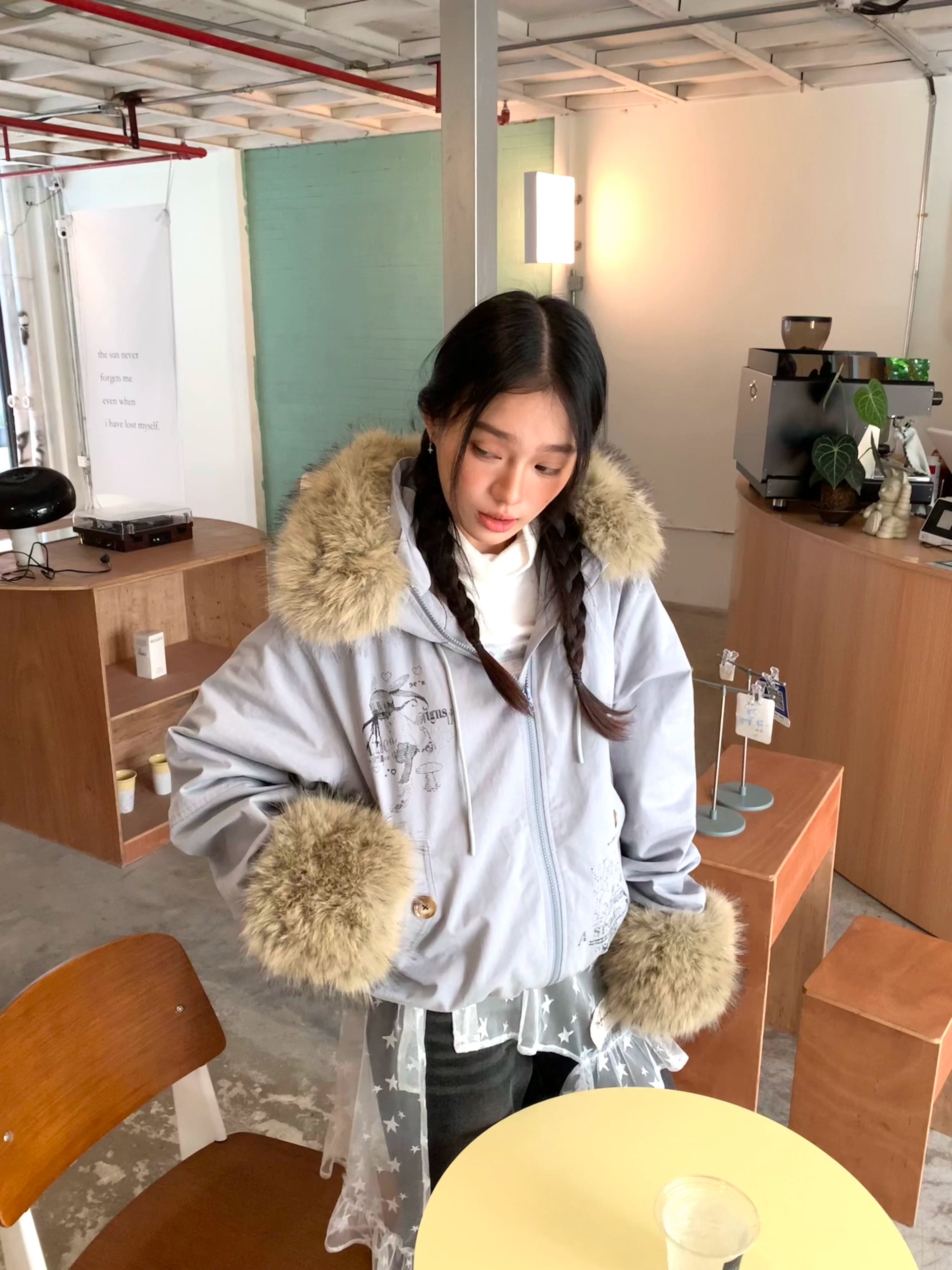 Fake Fur Trim Graphic Print Oversize Hooded Jacket