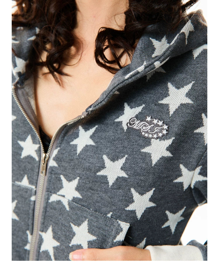 Star Print Cropped Zip-Up Hoodie