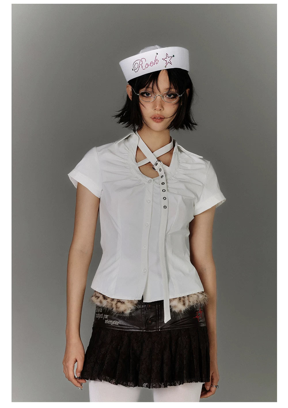 Button Strap Detail Fitted Short Sleeve Shirt