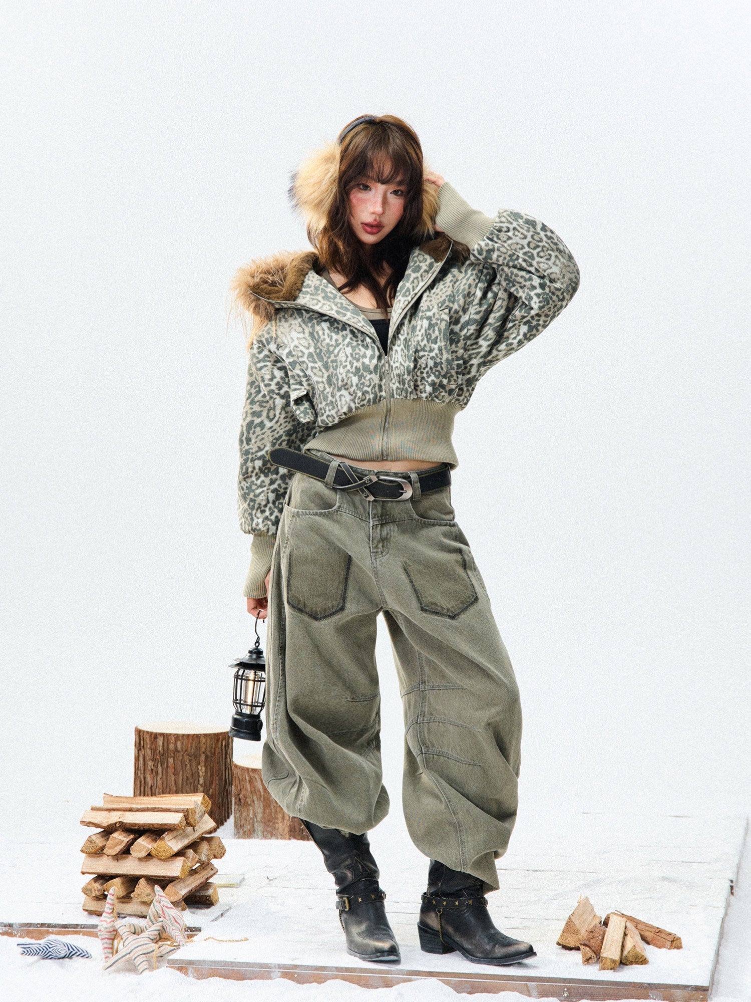Leopard Print Fur-Trim Hood Puffer Jacket
