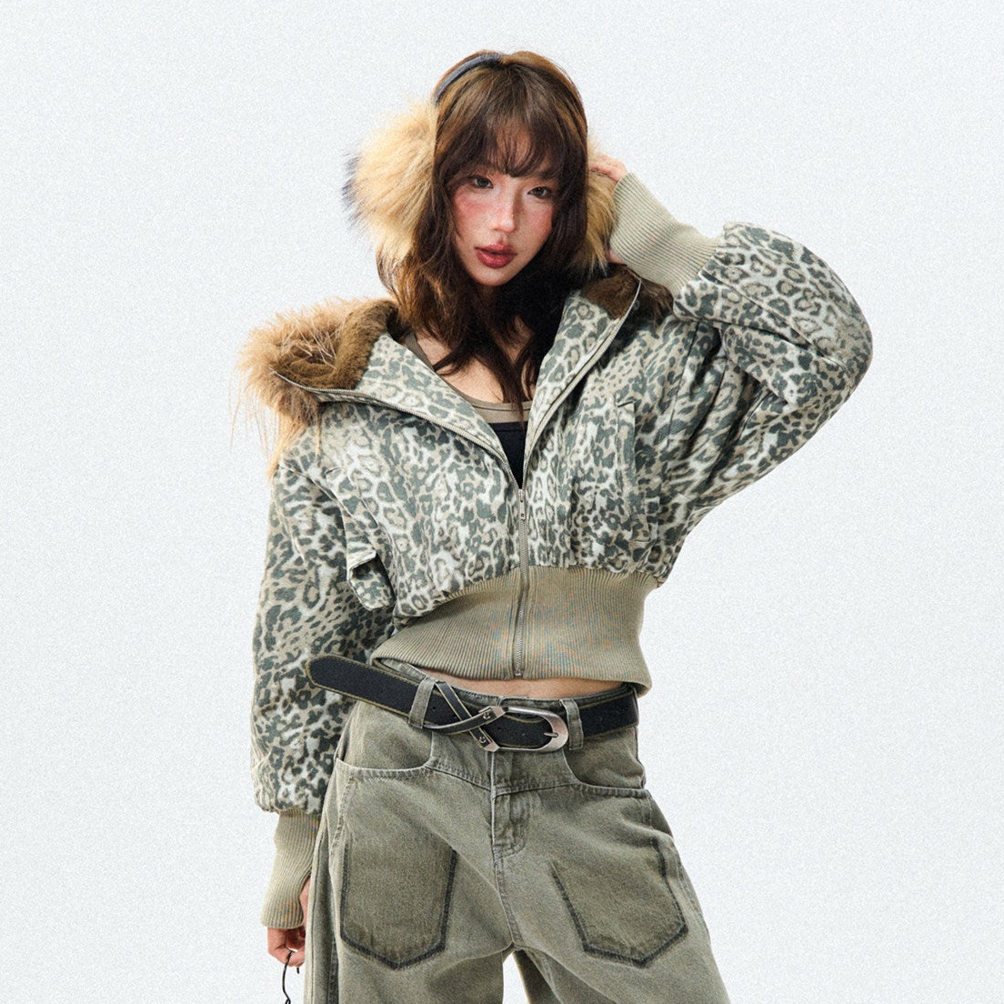 Leopard Print Fur-Trim Hood Puffer Jacket