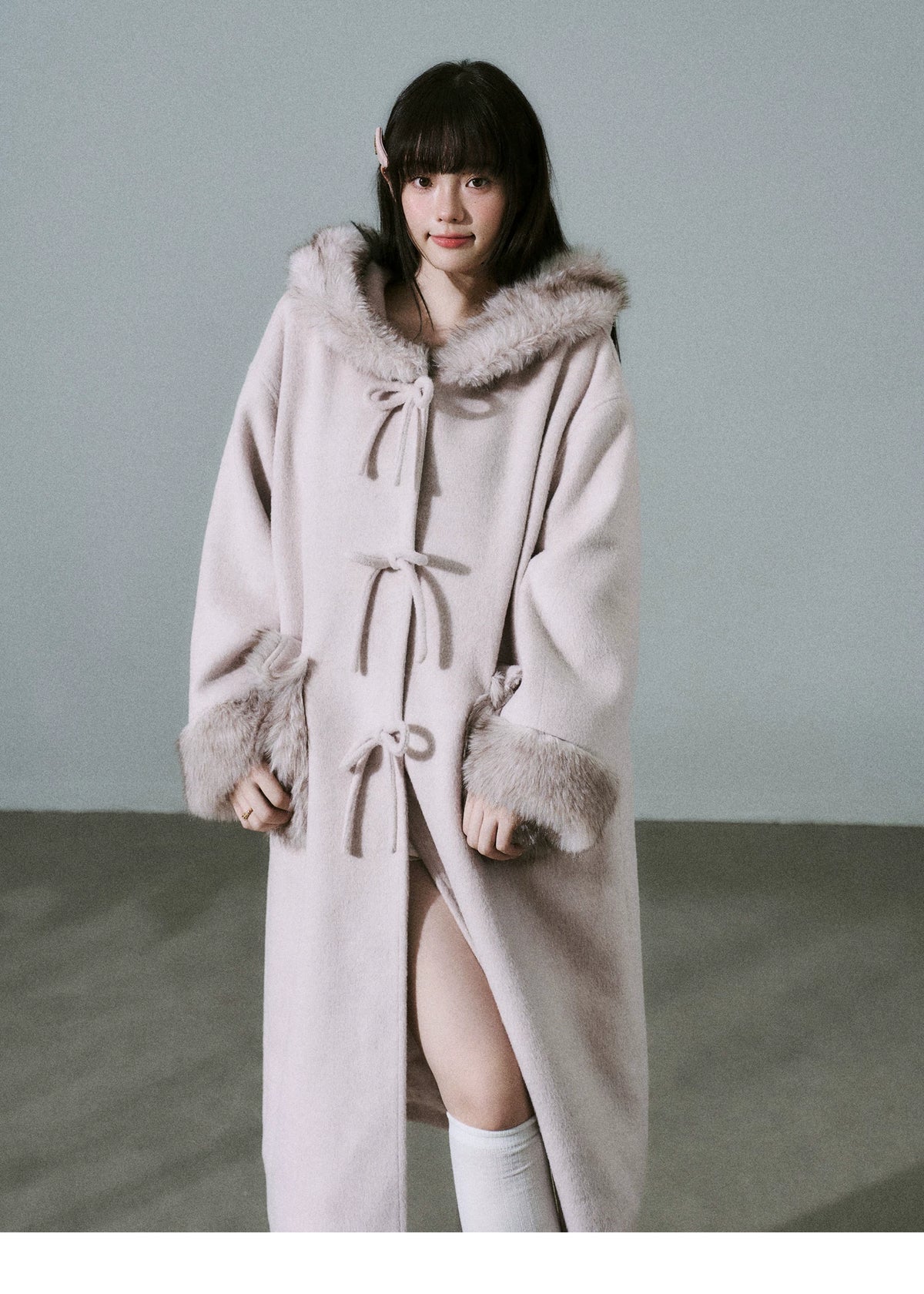Bow Detail Fake Fur Trim Coat