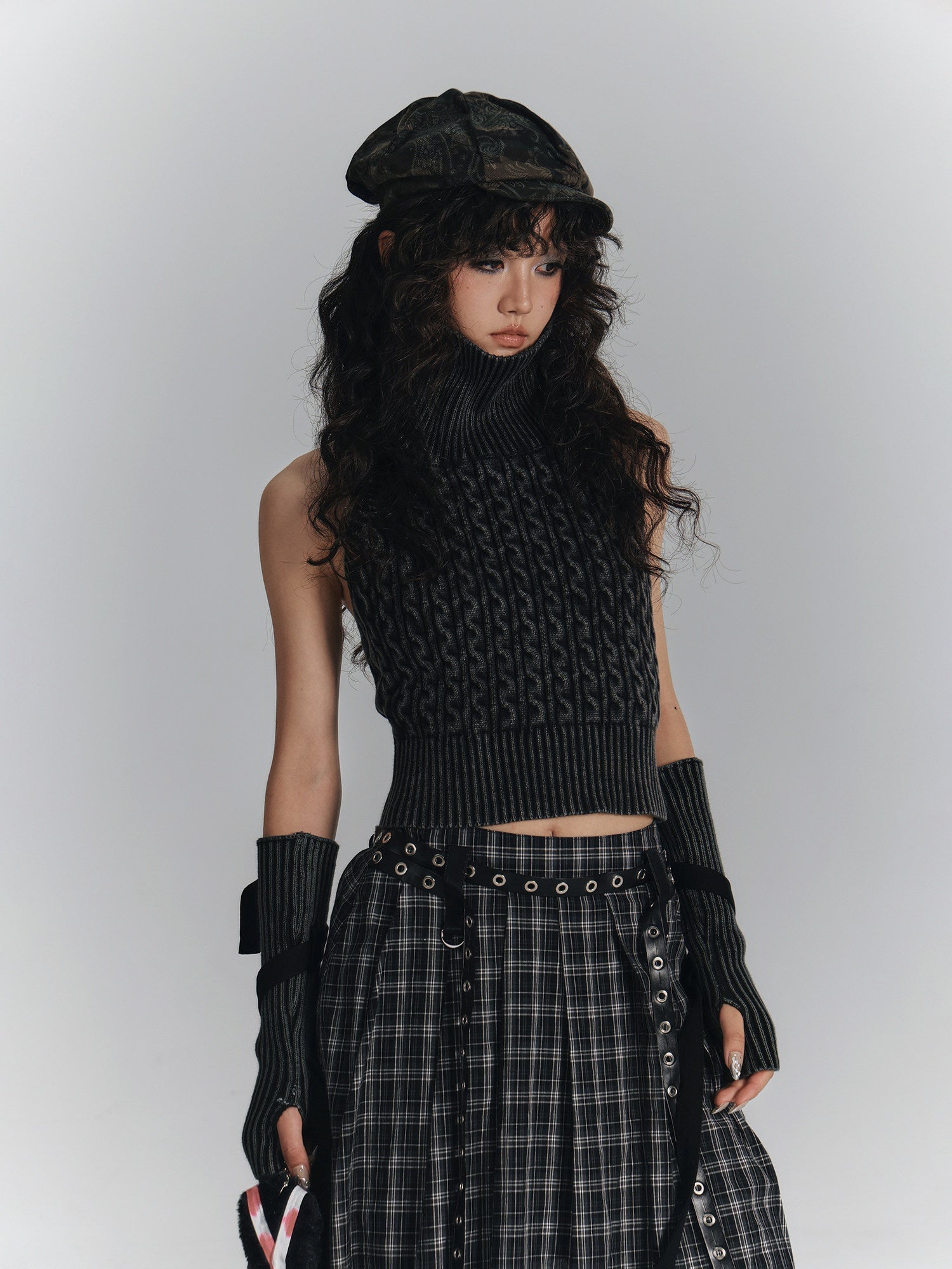 High-Neck Sleeveless Lace-Up Backless Knit Sweater & Arm Warmers