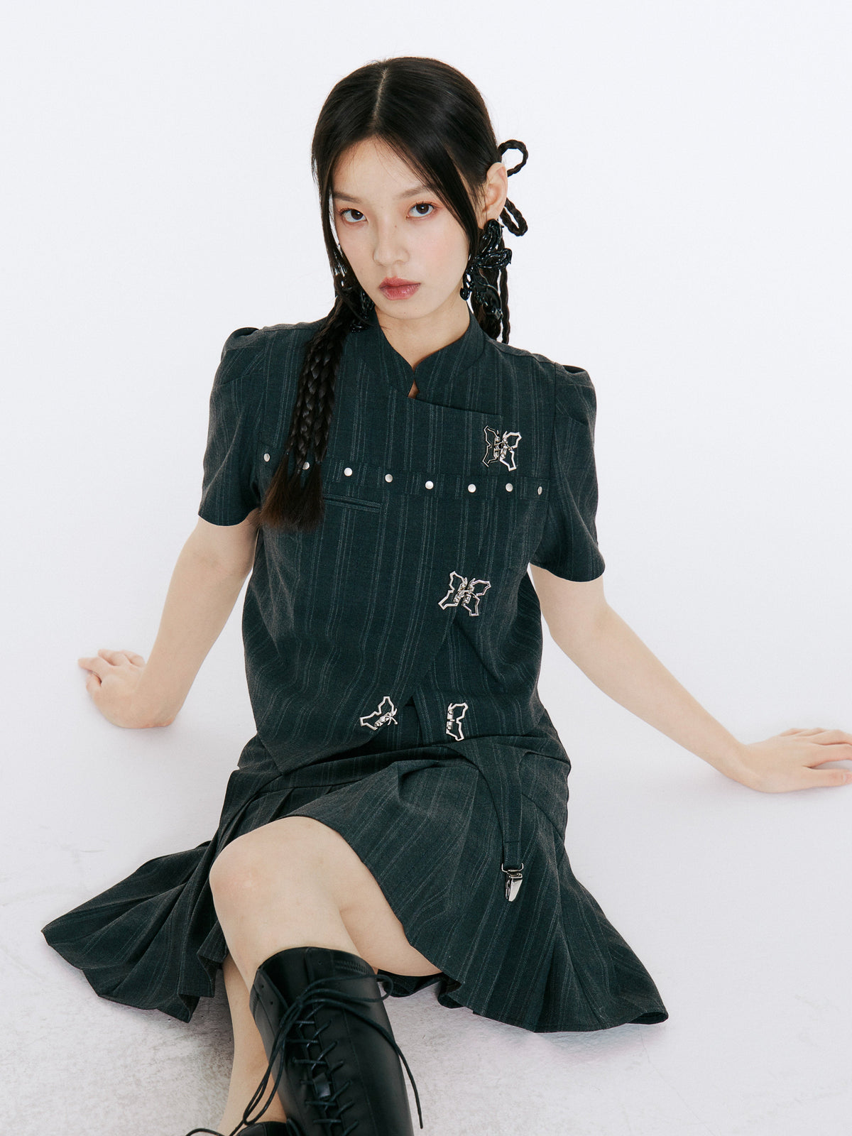 Bow Detail Pinstripe Cropped Shirt & Pleated Skirt Setup