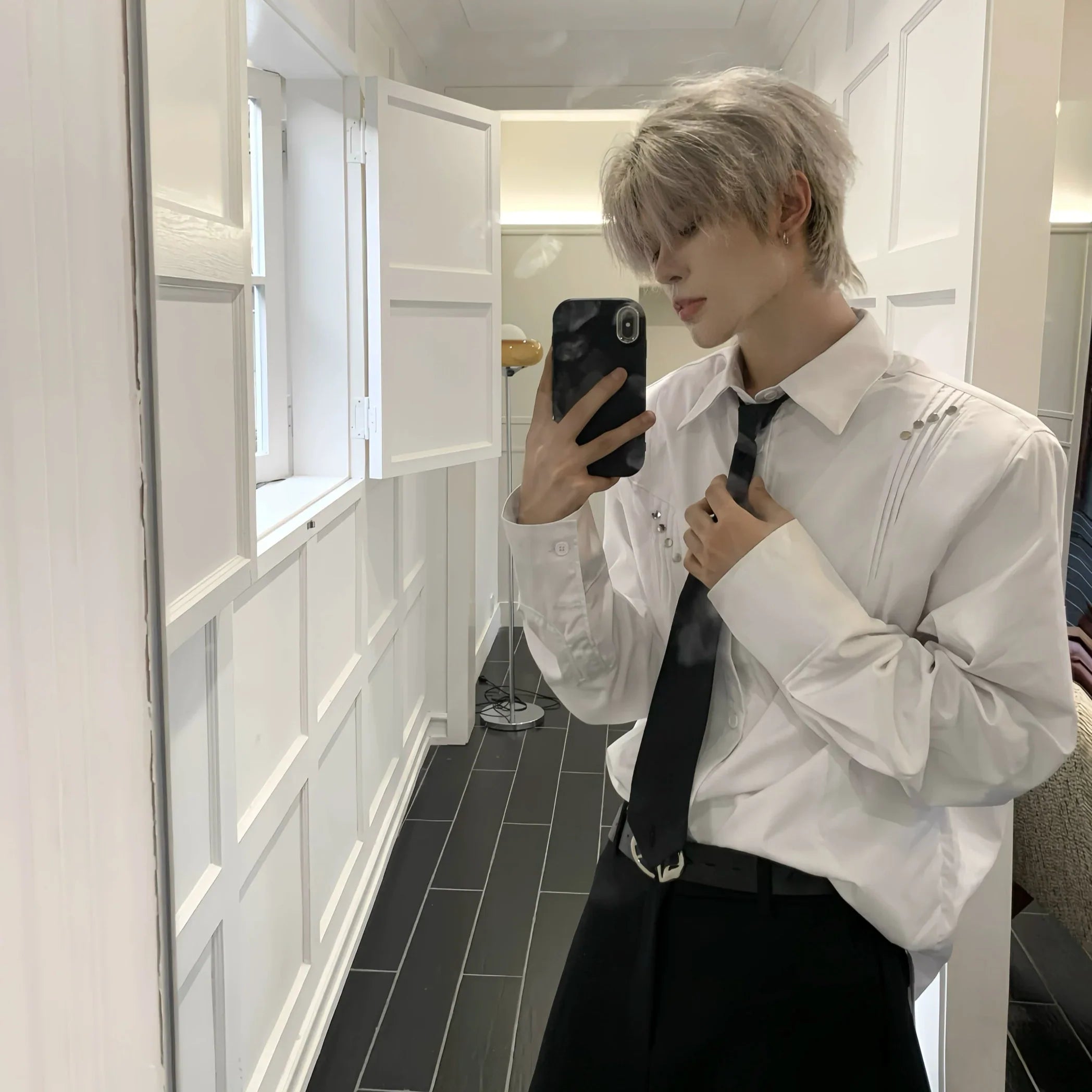 Metal Studs Shoulder-Pad Pleats Long Sleeve Shirt & Tie