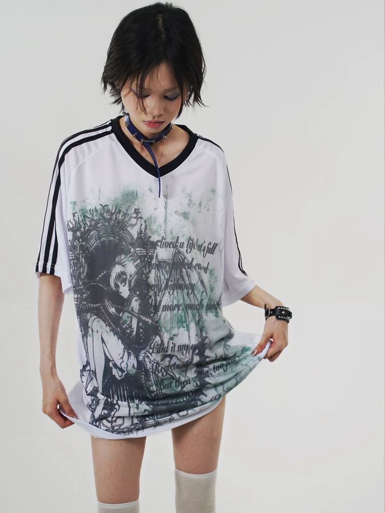 Anime Print Oversize V-Neck Short Sleeve T-Shirt