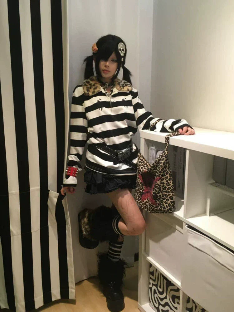 Embroidery Detachable Fur Collar Long Sleeve Polo Shirt