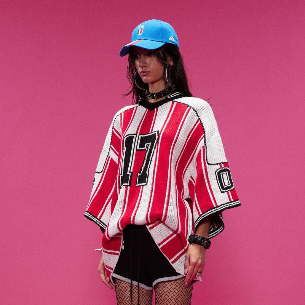 Number Stripe V-Neck Short Sleeve Knit T-shirt