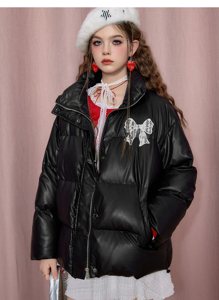 Fake PU Leather Stand Neck Lace Patchwork White Duck Down Jacket
